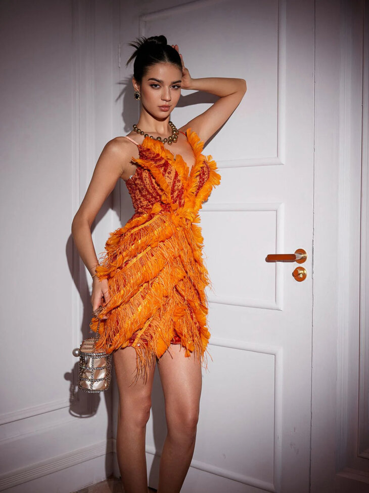 Mini-robe brodée et bordée de plumes Theia – Image 5