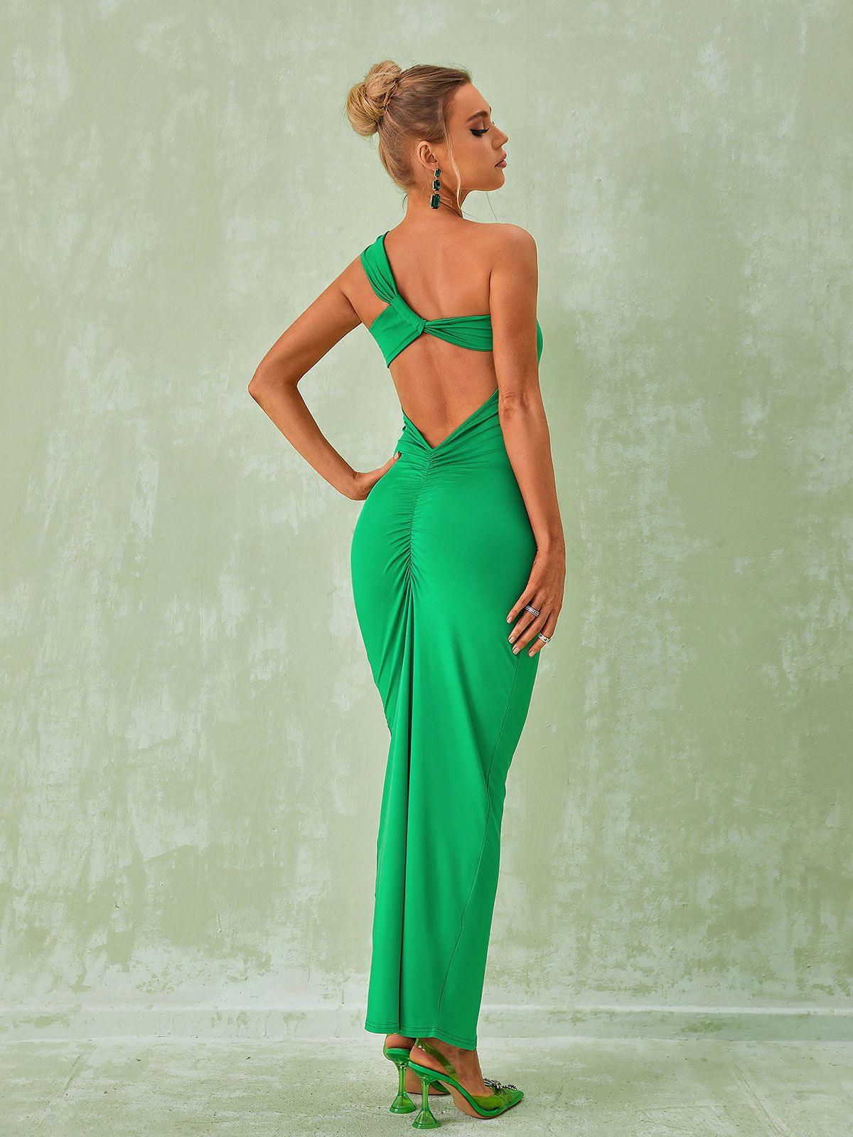 Robe longue dos nu à une épaule Emi en vert – Image 3