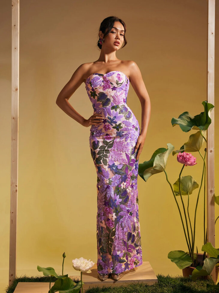Robe longue sans bretelles brodée de sequins Nakoa