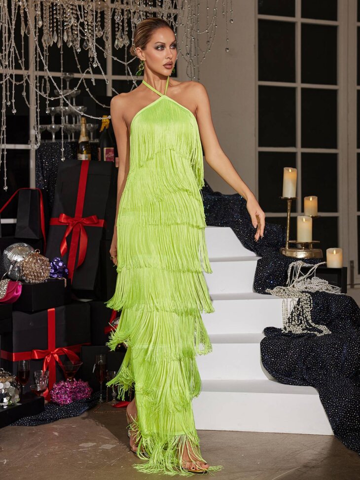 Bluma - Robe longue dos nu à franges et étages - Vert