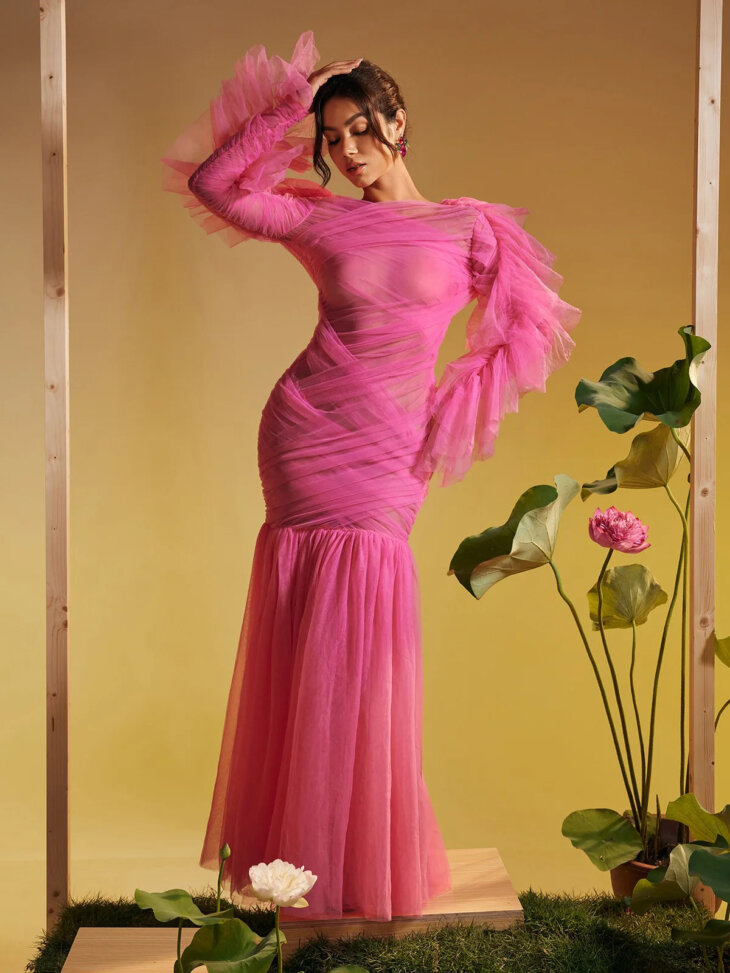 Robe longue en maille froncée à manches longues Lorraine – Image 4