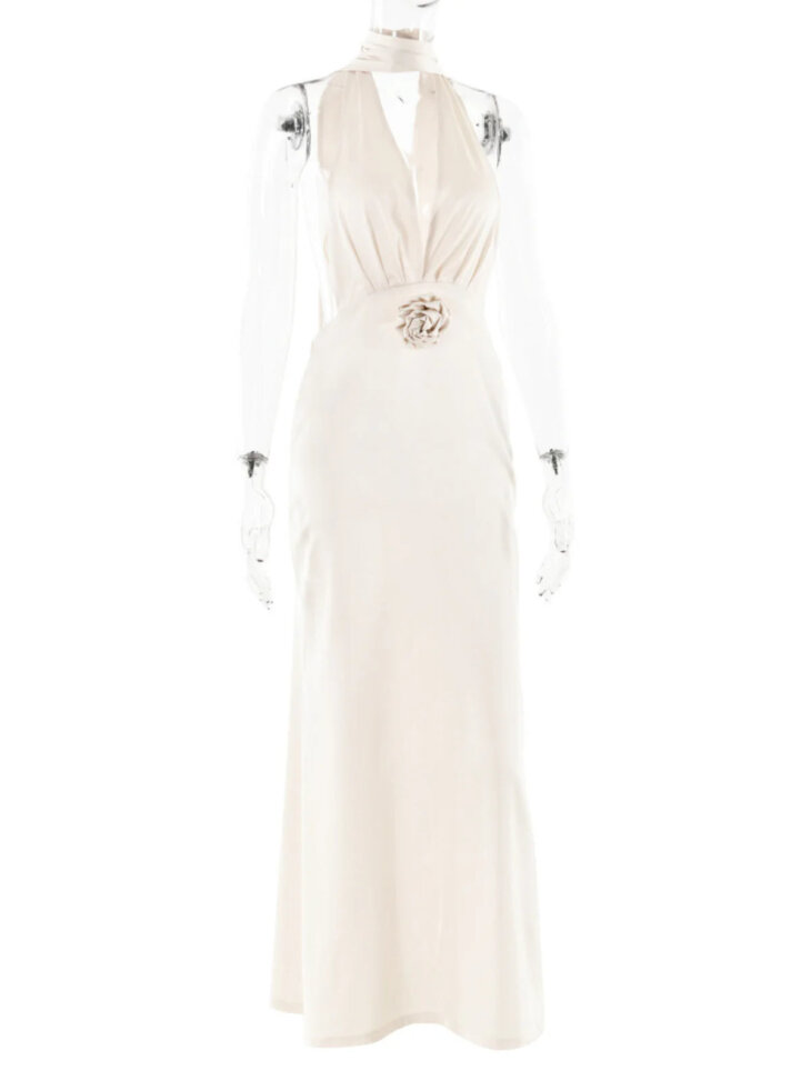 Anamaria - Robe longue dos nu froncée en satin - Blanc – Image 7