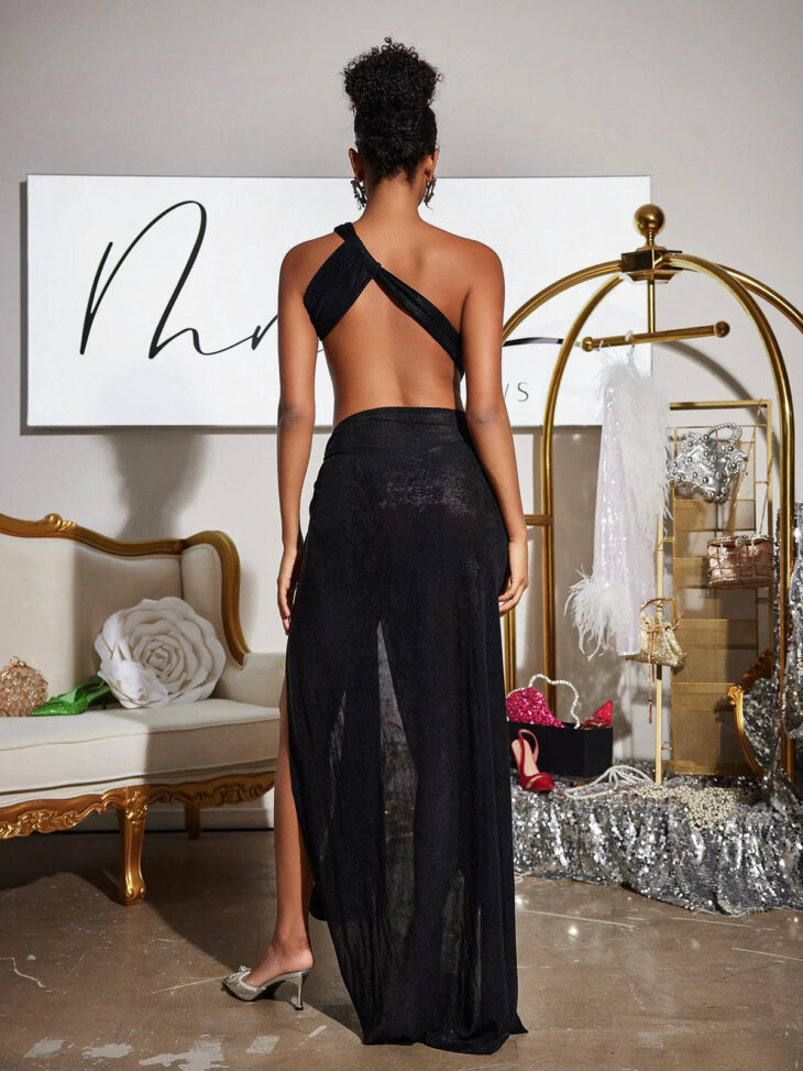 Pietro - Robe métallisée asymétrique à découpe - Noir – Image 2