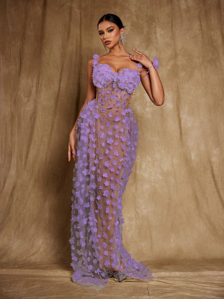 Oksana - Robe longue corset à fleurs spaghetti - Violet