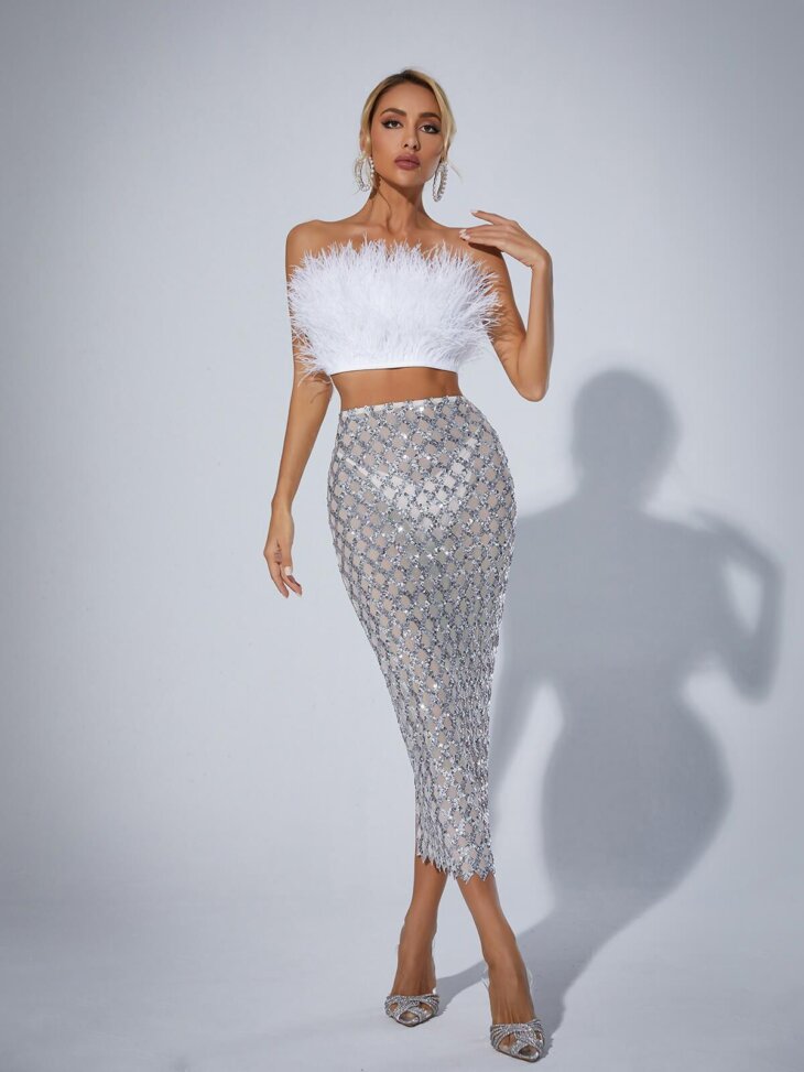 Ansley - Ensemble jupe bustier en plumes en tulle - Blanc