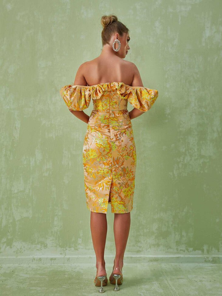 Robe mi-longue en jacquard à épaules dénudées Kore – Image 6