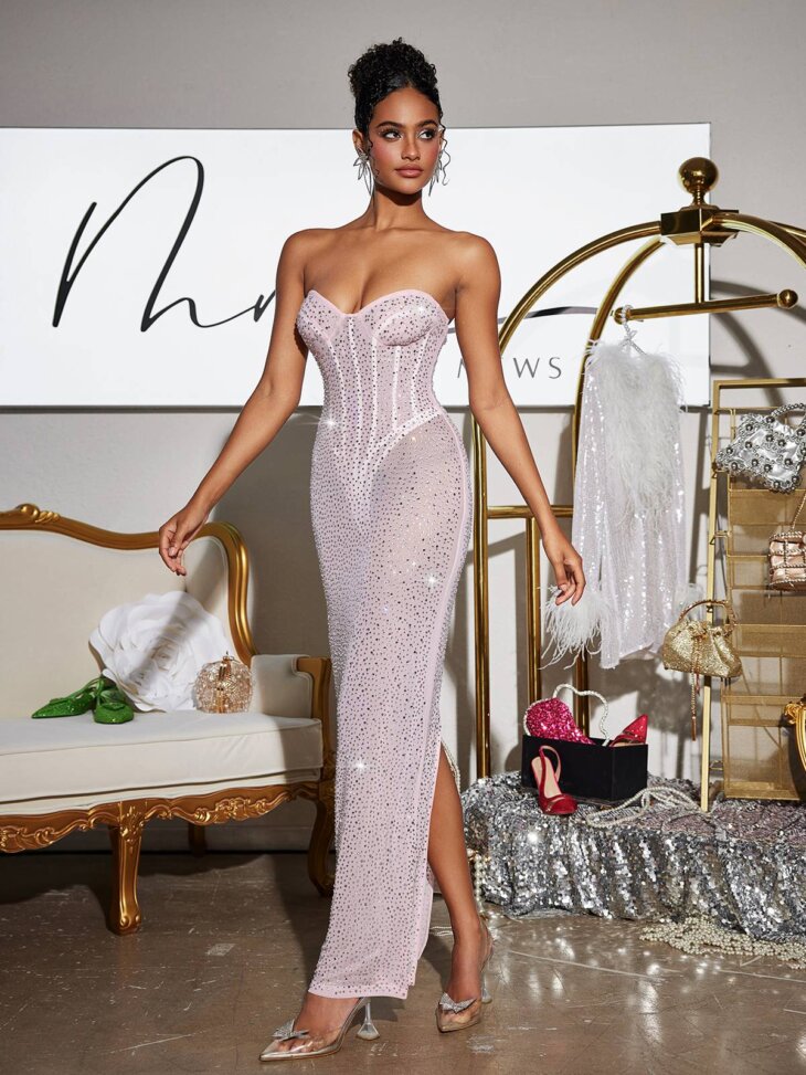 Robe longue corset sans bretelles avec strass Roanya – Image 4