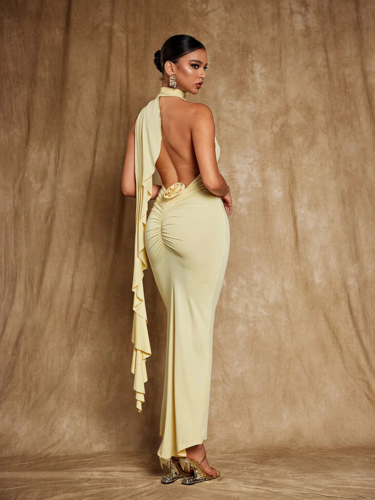 Robe longue drapée à fleurs, dos nu, Elisheva – Image 4