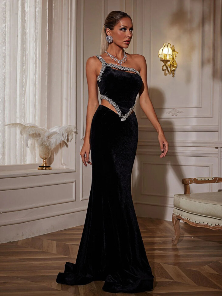 Robe longue sirène en velours à découpes florales et cristaux Elissa