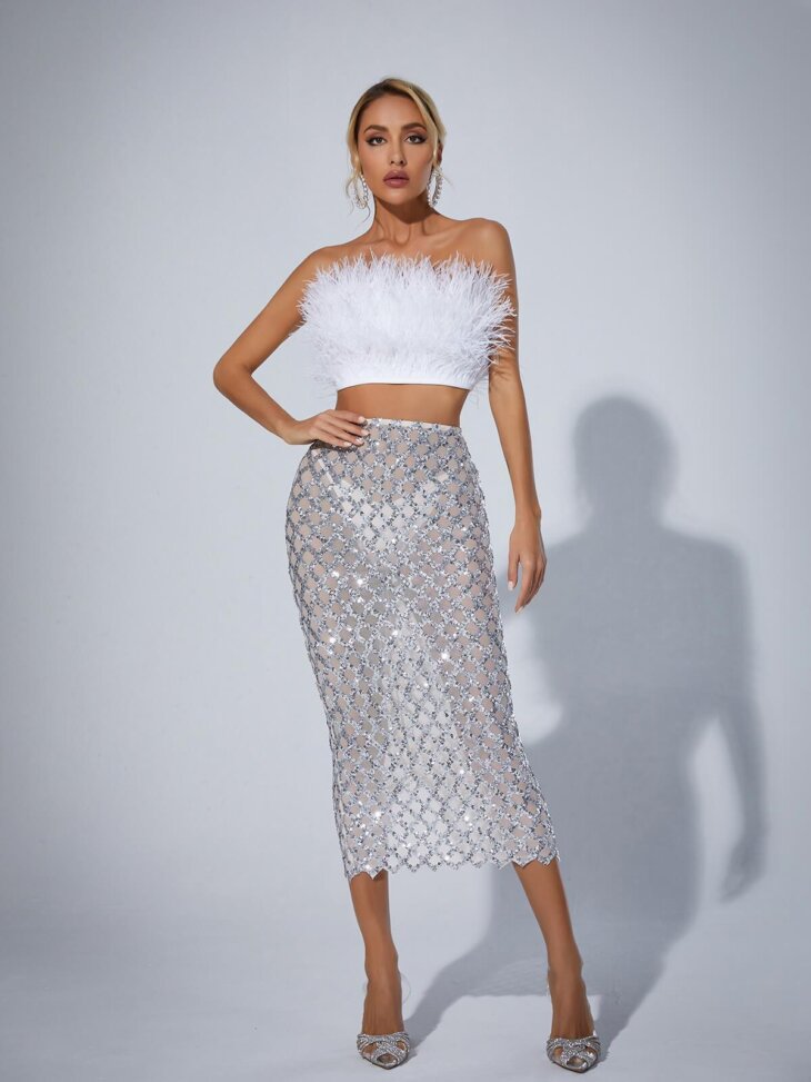 Ansley - Ensemble jupe bustier en plumes en tulle - Blanc – Image 3