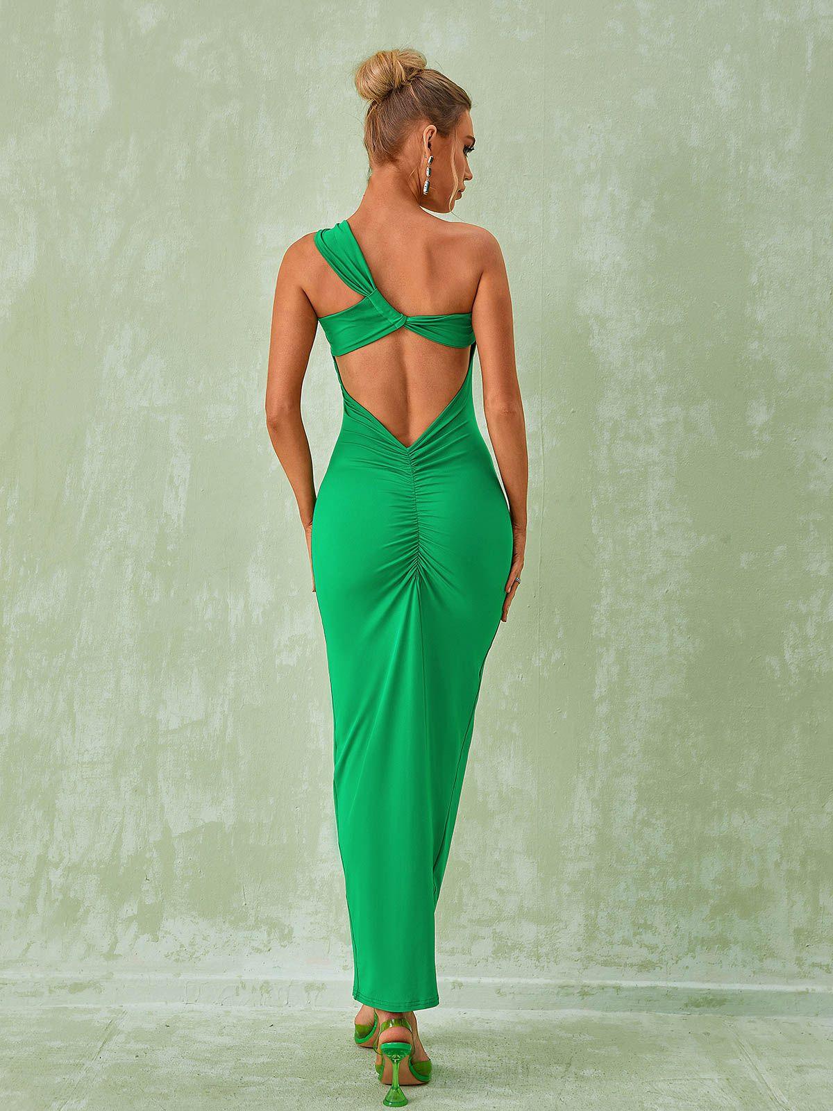 Robe longue dos nu à une épaule Emi en vert – Image 2