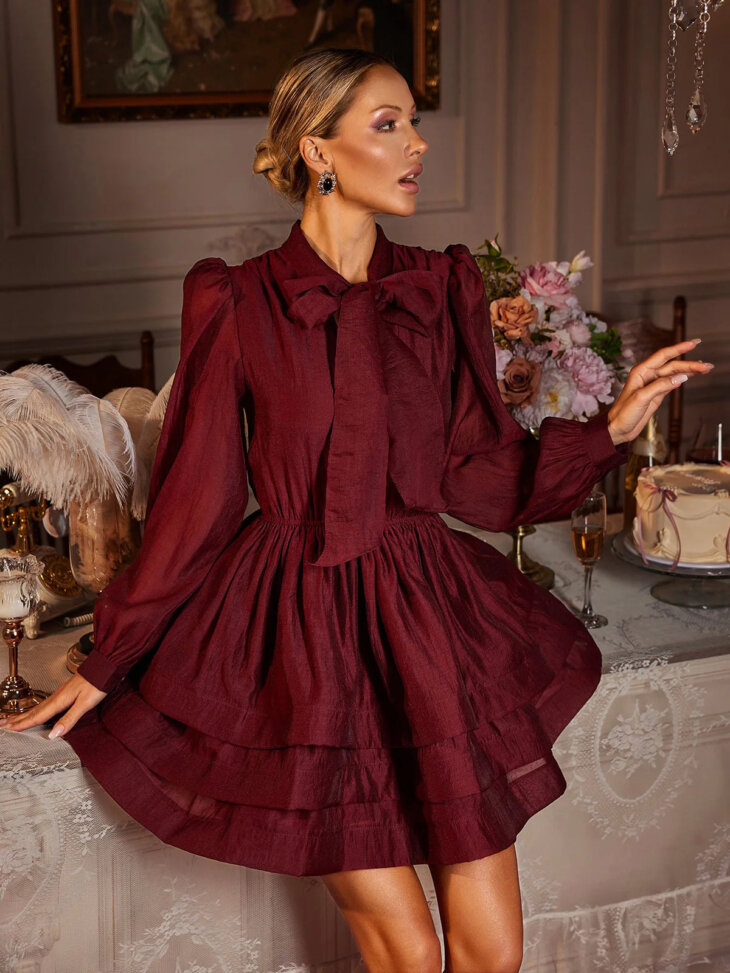 Eairein - Mini-robe à volants et manches longues avec nœud – Image 5
