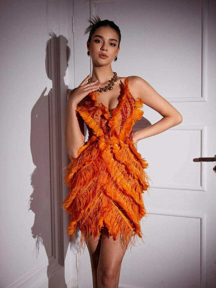 Mini-robe brodée et bordée de plumes Theia – Image 6