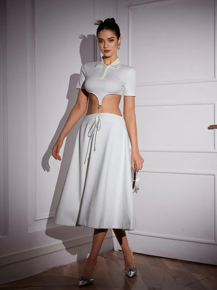 Robe mi-longue creuse à col plié Larkin
