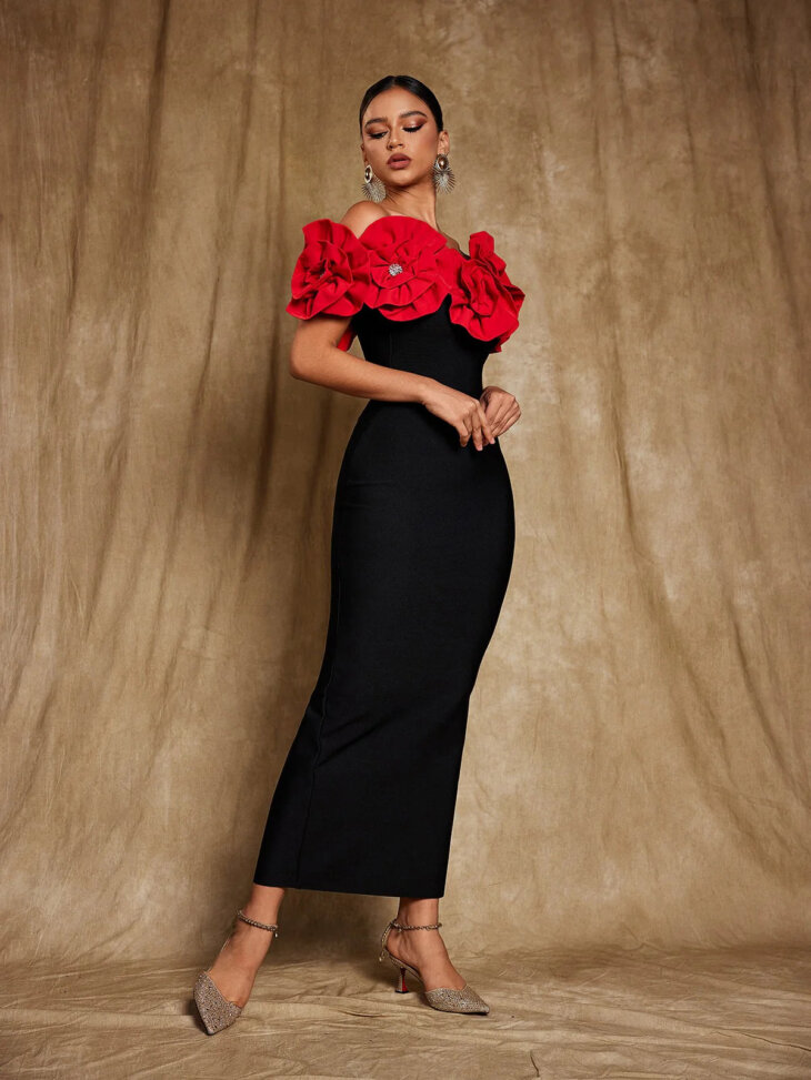 Creed - Robe bandage fleurie à épaules dénudées - Rouge – Image 4