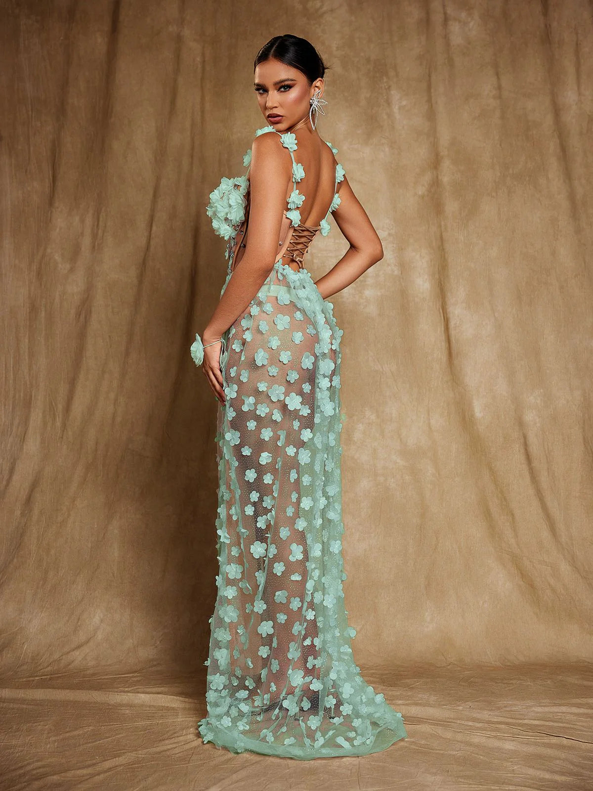 Oksana - Robe longue corset à fleurs et spaghetti - Vert