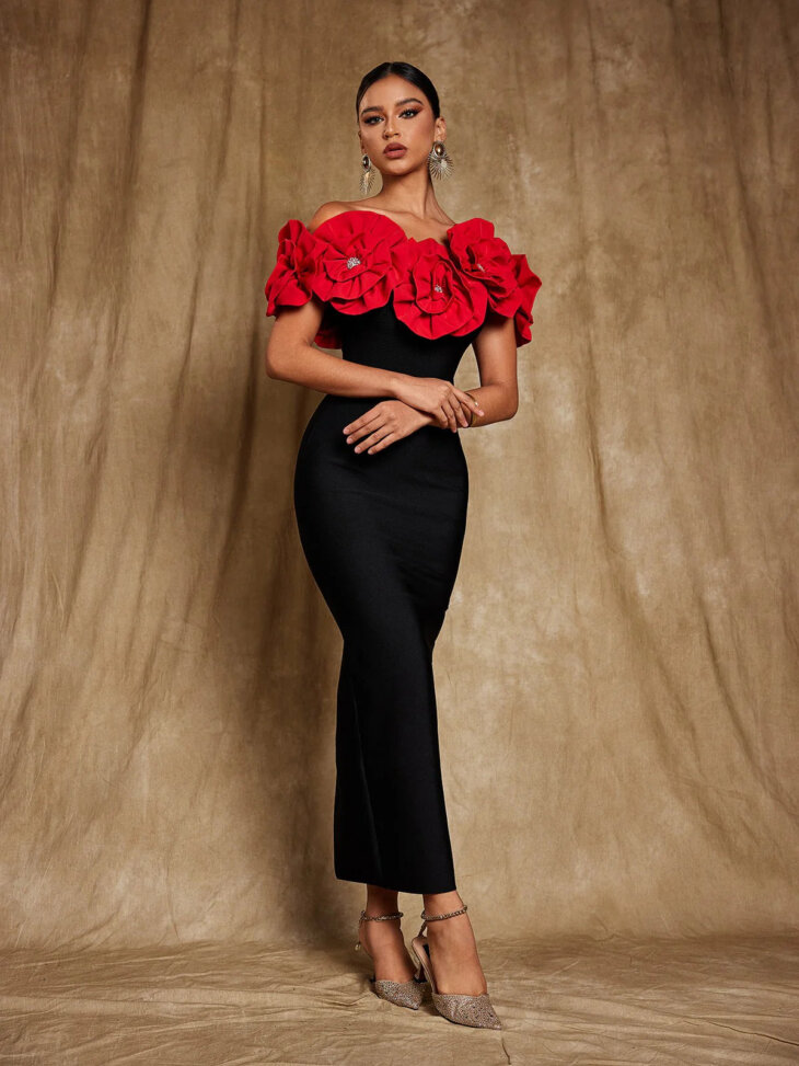 Creed - Robe bandage fleurie à épaules dénudées - Rouge – Image 5