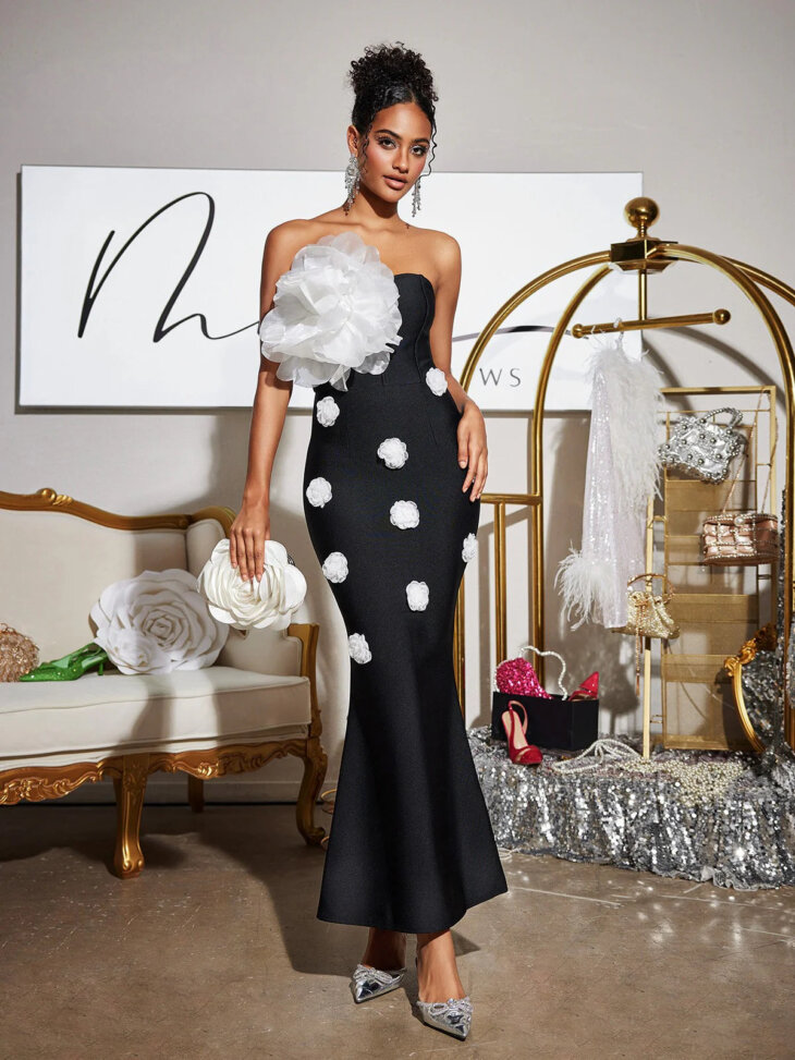 Robe longue bandage fleurie sans bretelles Burr – Image 3