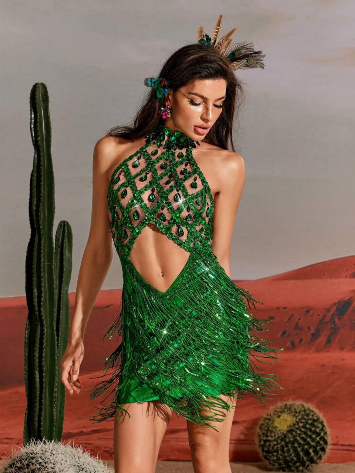 Tobin - Robe métallisée à franges et sequins - Vert – Image 5