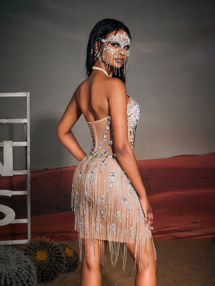 Gregory - Mini-robe dos nu à franges et strass – Image 6