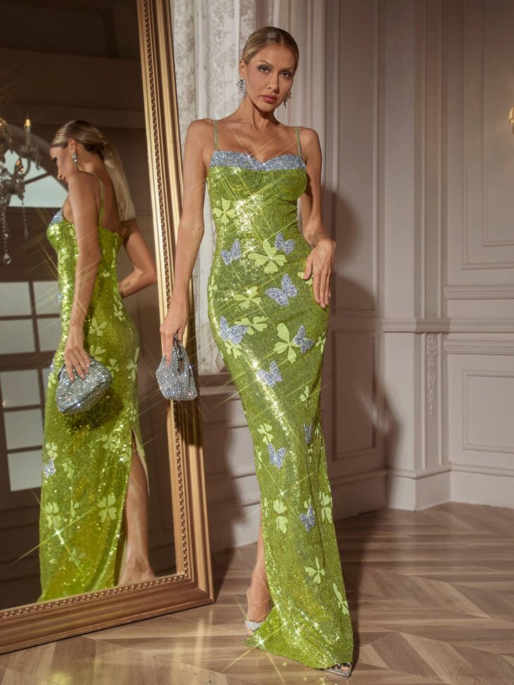 Robe longue à sequins et strass papillon Dayshaun – Image 3