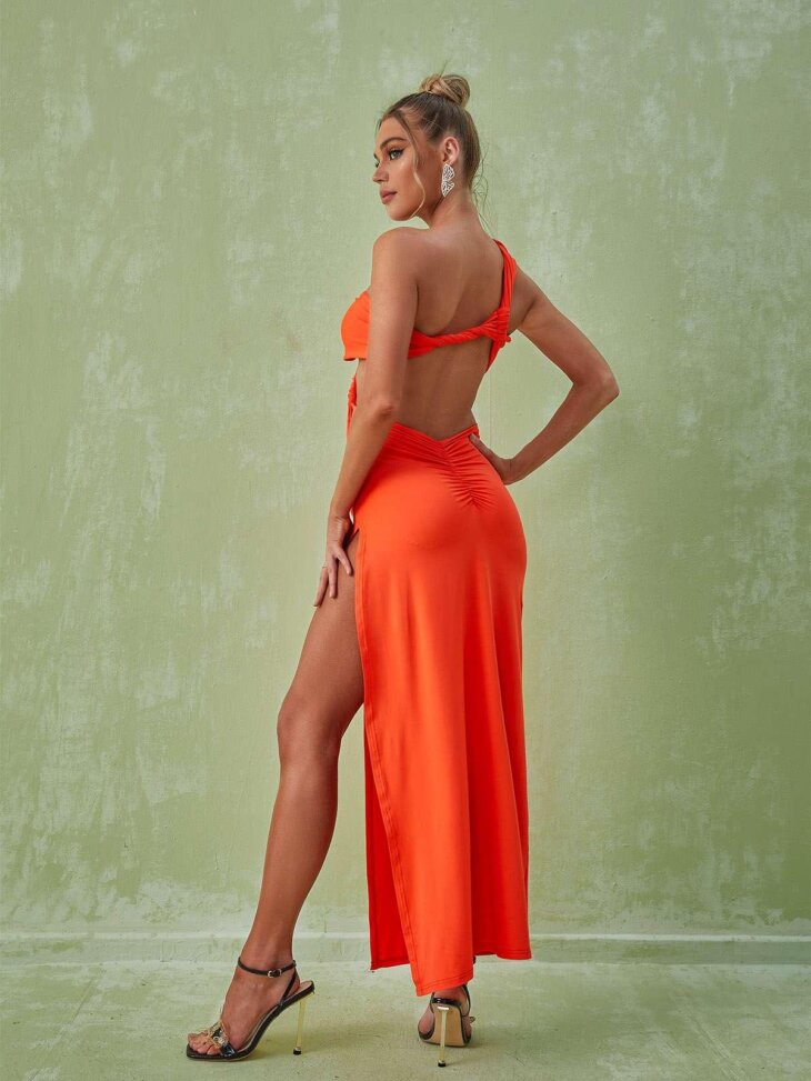 Robe longue découpée à une épaule Berenice en orange – Image 3