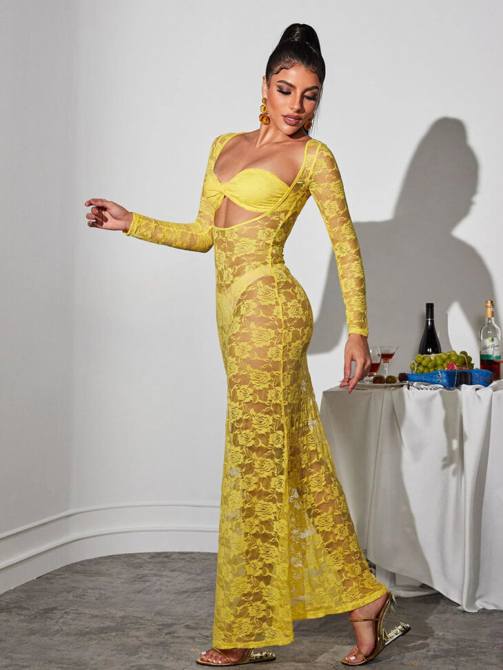 Jerryl - Robe longue en dentelle découpée à manches longues - Jaune – Image 3