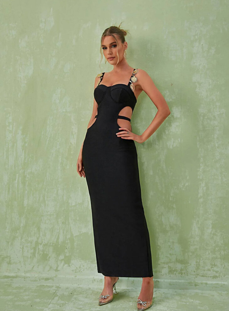 Margaux - Robe longue à découpes et ornements - Noir – Image 4