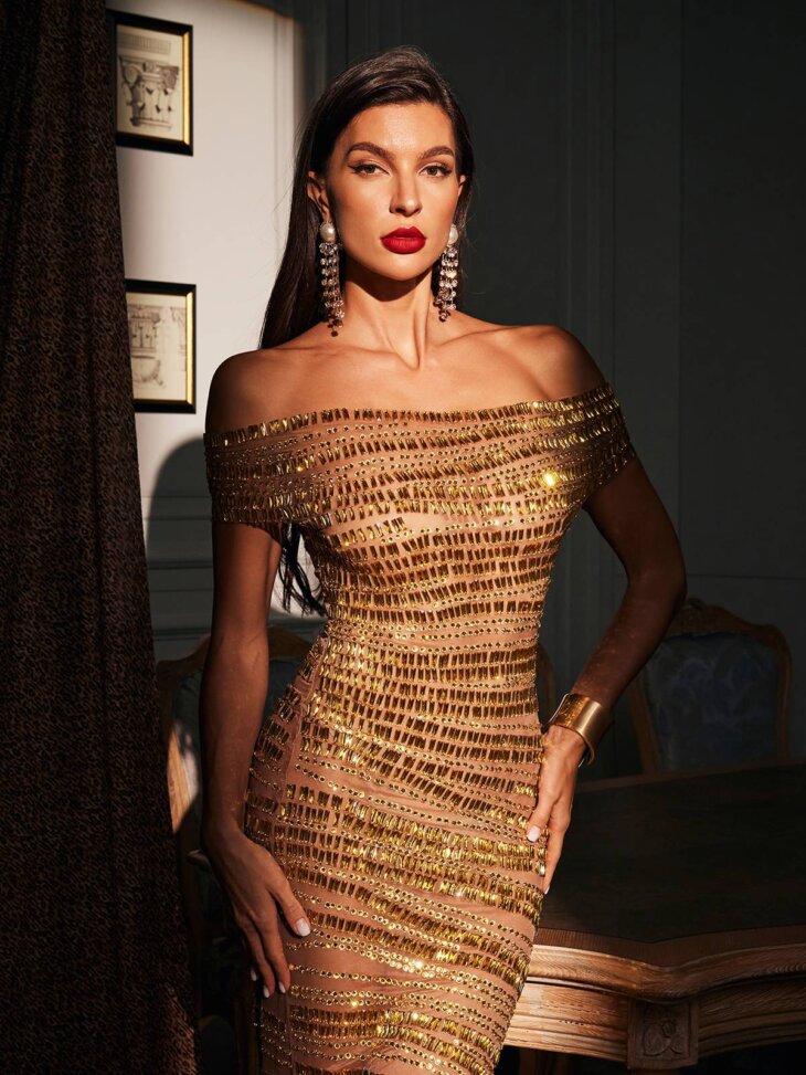Robe longue en maille strassée à épaules dénudées Eryx – Image 5