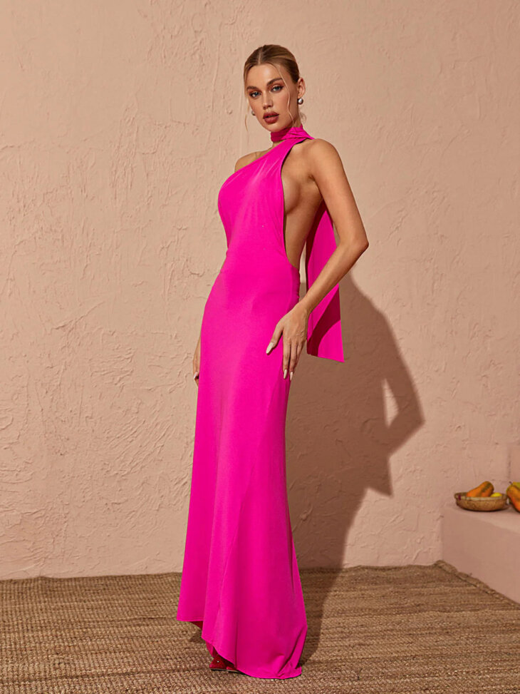 Robe longue dos nu Toula en rose vif – Image 3