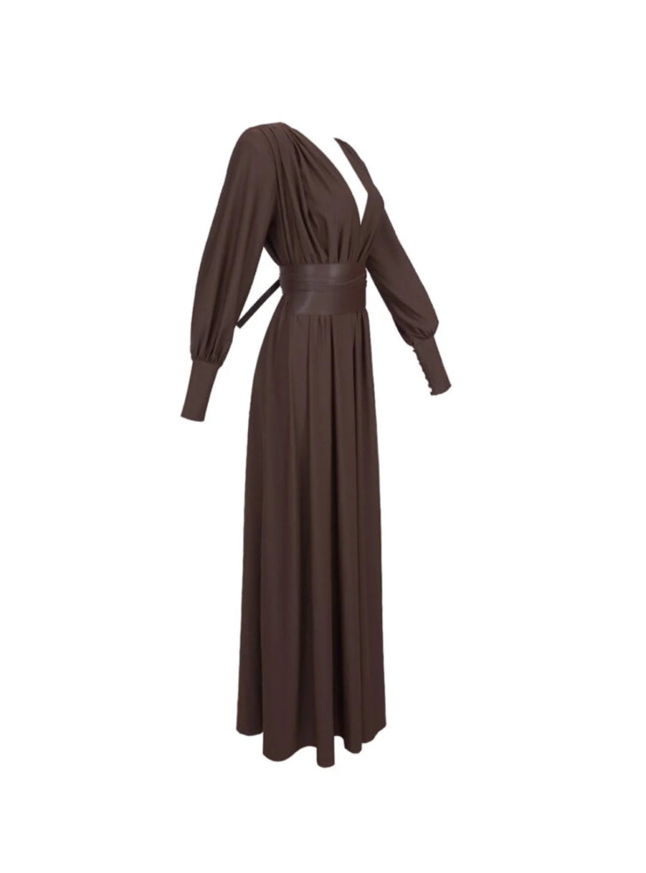 Robe longue ceinturée Cosmo à col en V – Image 5