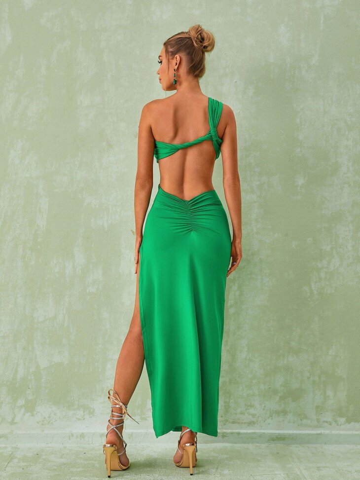 Robe longue découpée à une épaule Berenice en vert – Image 2