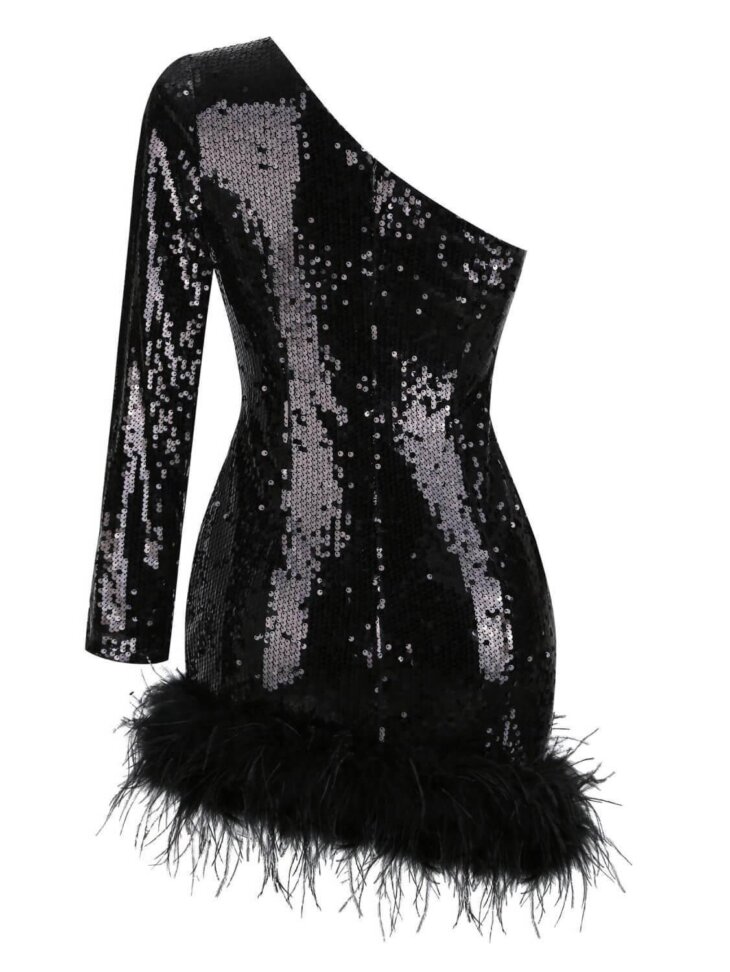 Mini-robe asymétrique à plumes et sequins Romy – Image 5