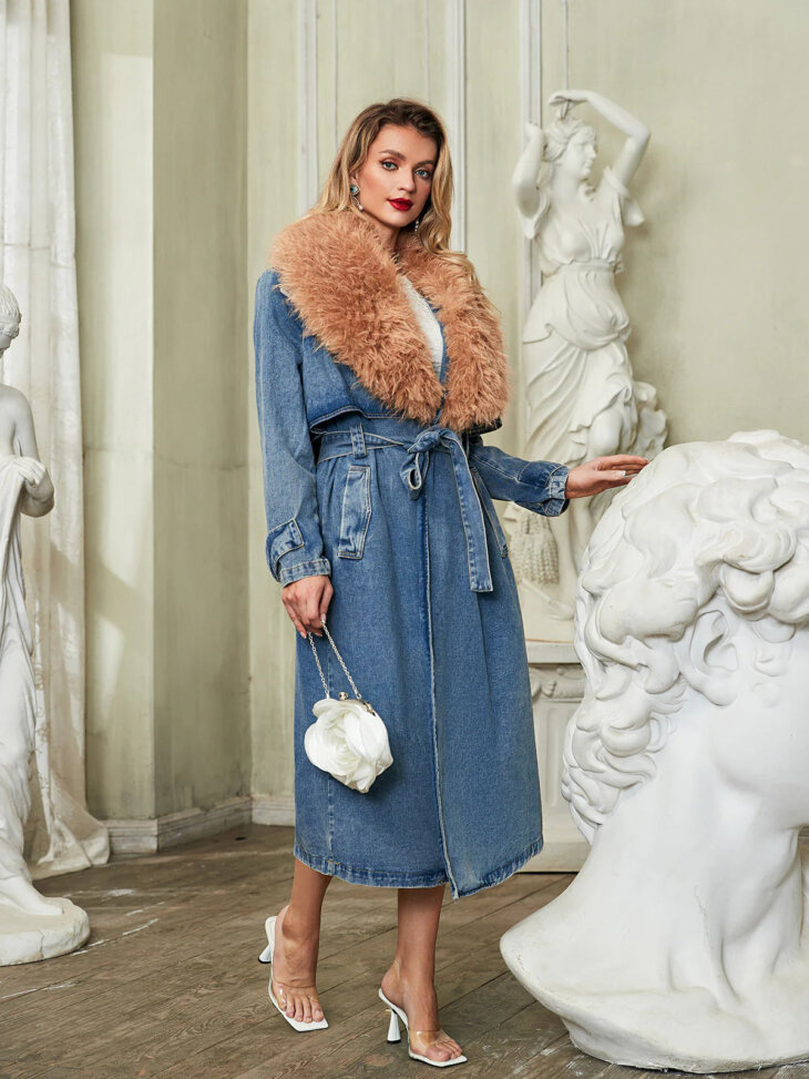 Manteau en jean à col en fausse fourrure Ishtar – Image 3