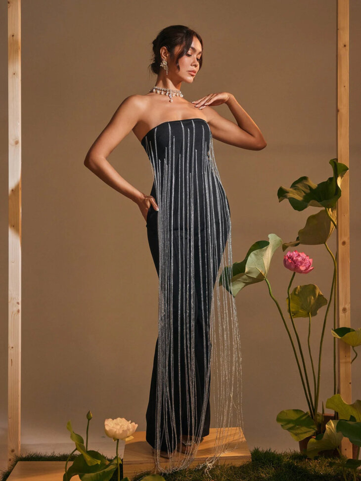 Kaveri - Combinaison bustier à franges et chaîne en cristal
