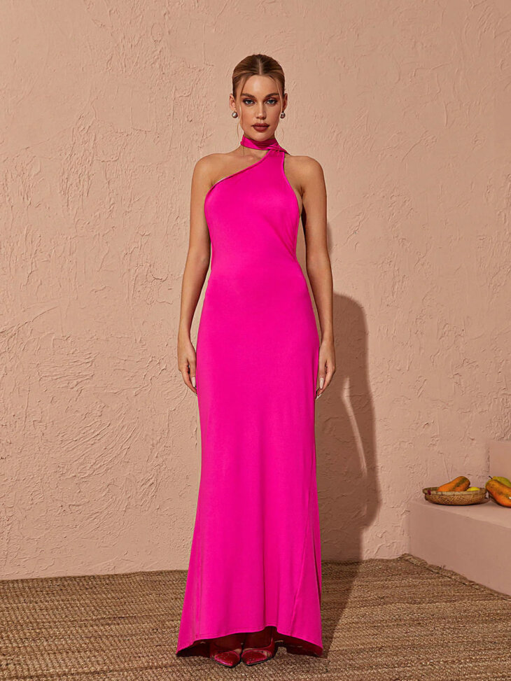 Robe longue dos nu Toula en rose vif – Image 6