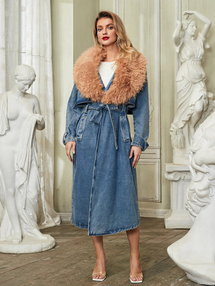 Manteau en jean à col en fausse fourrure Ishtar – Image 2