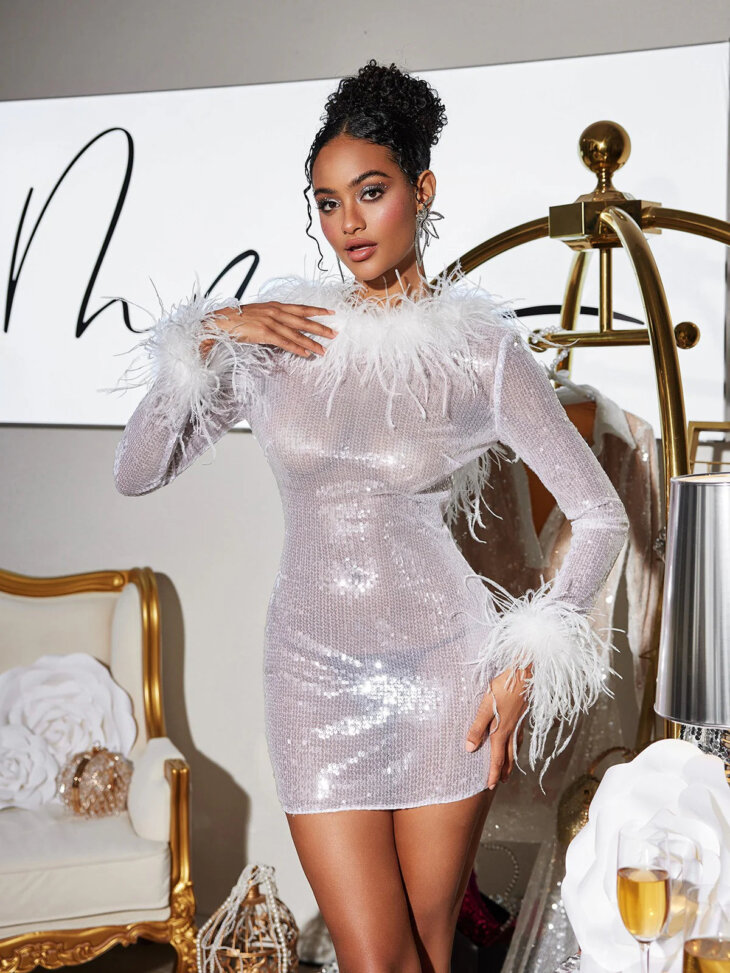 Pendleton - Robe plumes à sequins et manches longues – Image 6