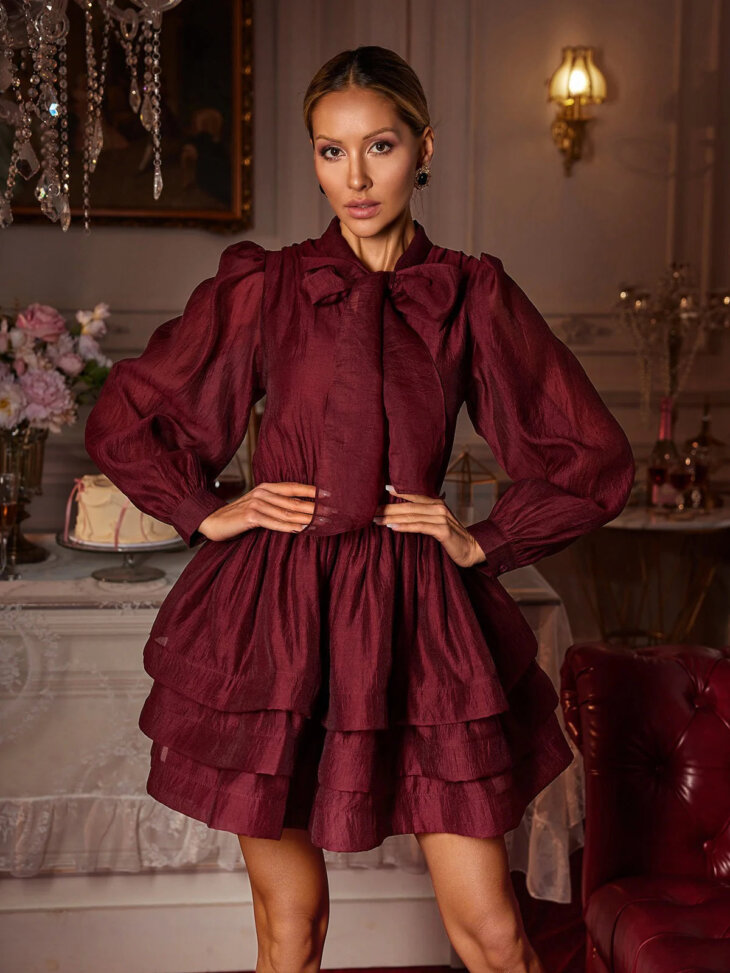 Eairein - Mini-robe à volants et manches longues avec nœud – Image 6