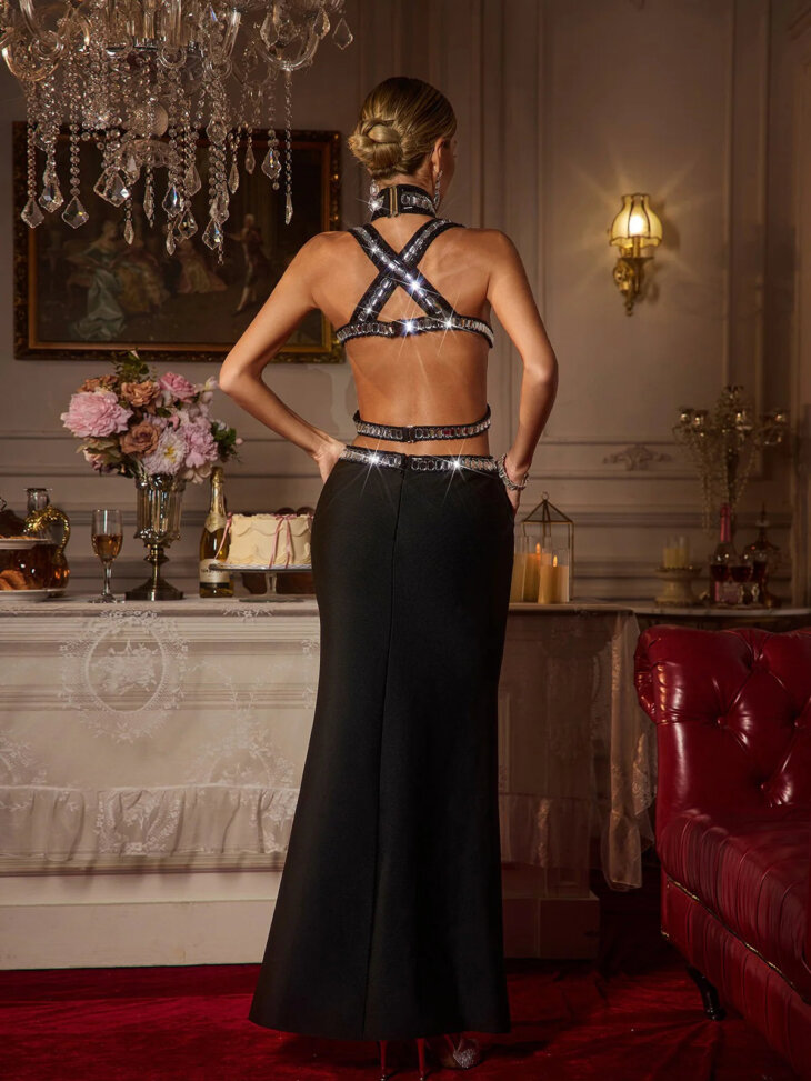 Robe longue bandage à strass et col licou Acelin – Image 2