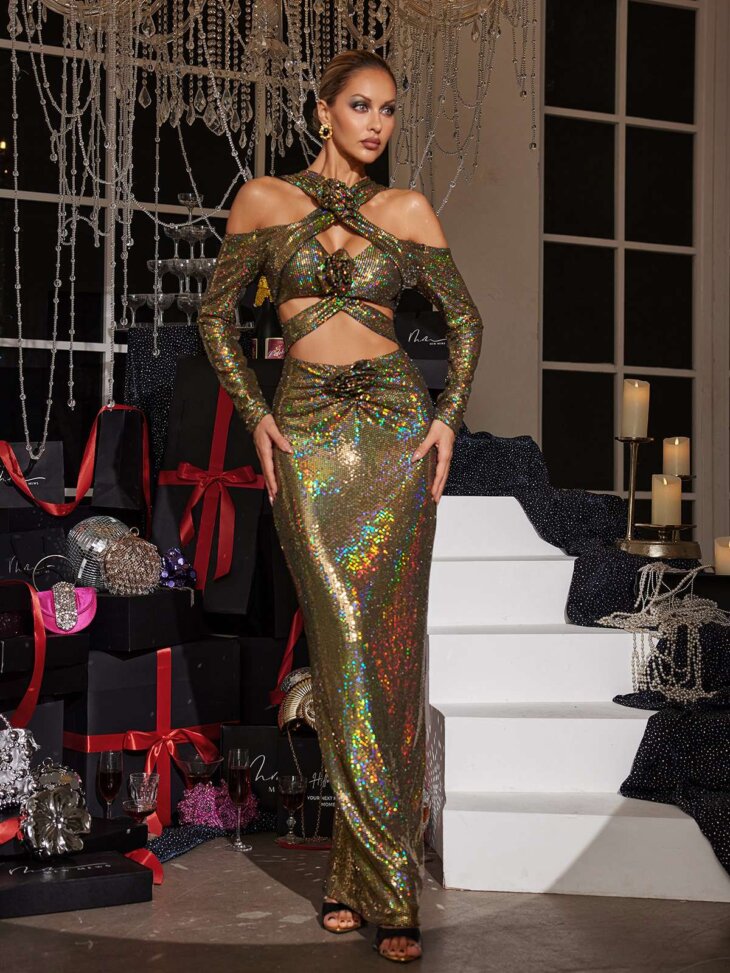 Lowen - Robe longue à sequins et découpes de fleurs - Olive – Image 6