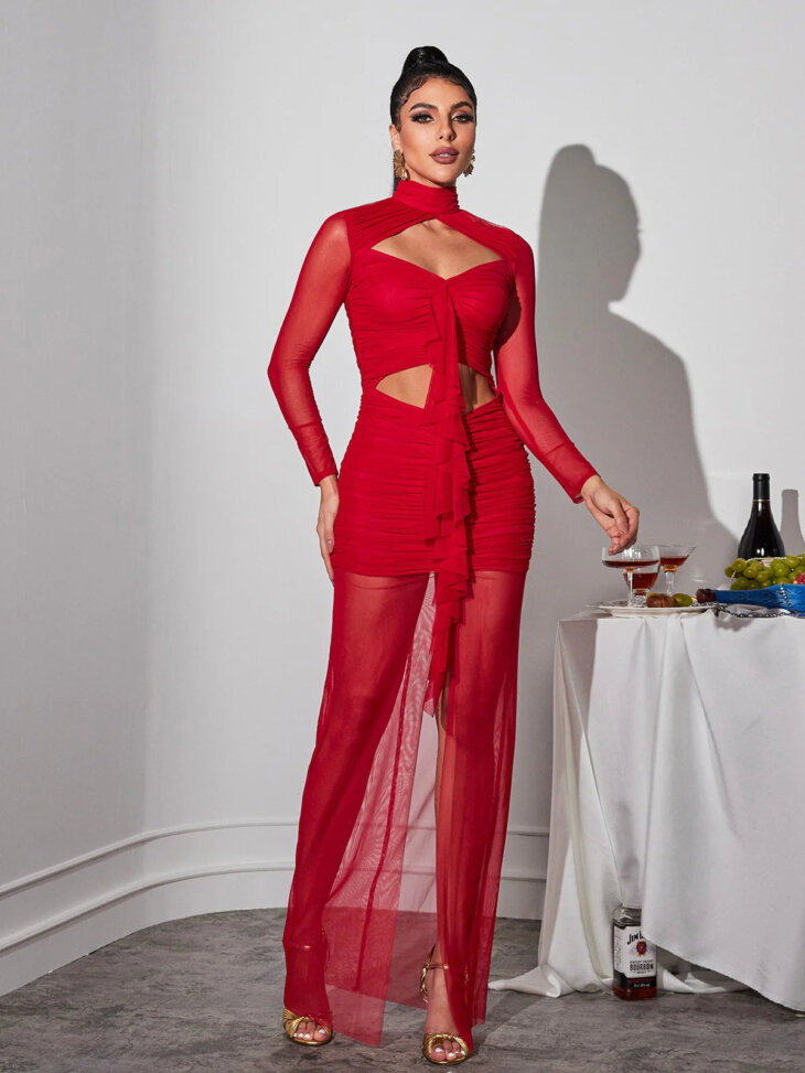 Robe longue en maille découpée Bedelia à manches longues – Image 3