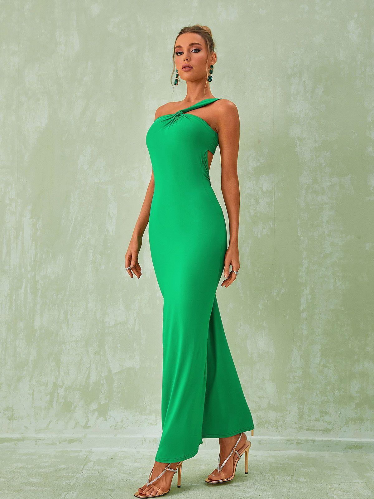 Robe longue dos nu à une épaule Emi en vert – Image 4