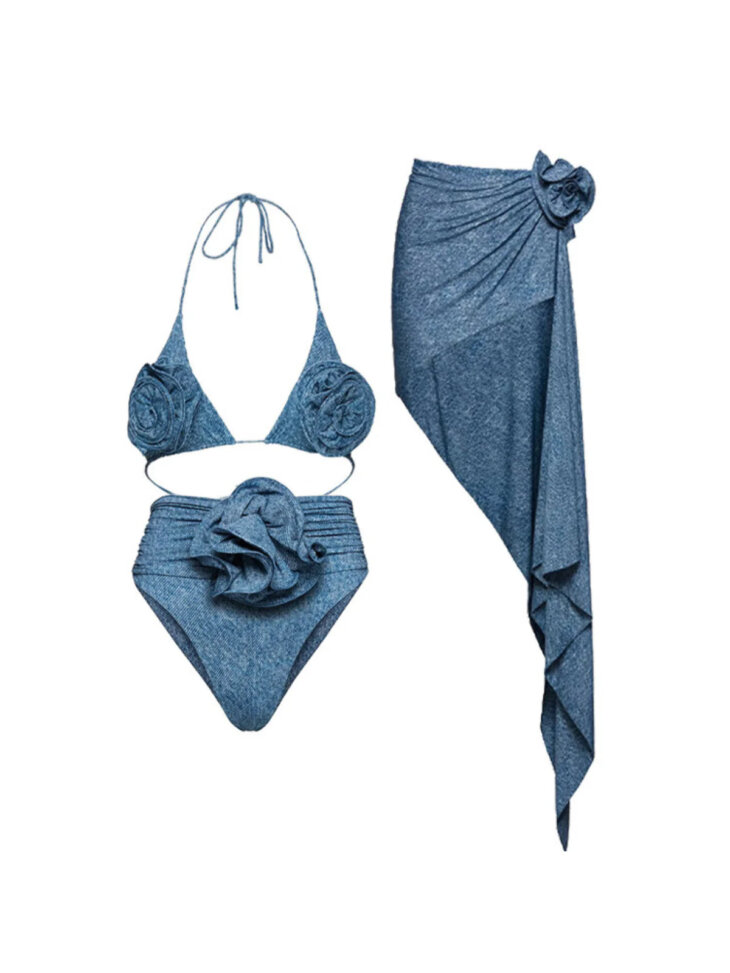 Ensemble bikini trois pièces en denim à fleurs Jalise – Image 6