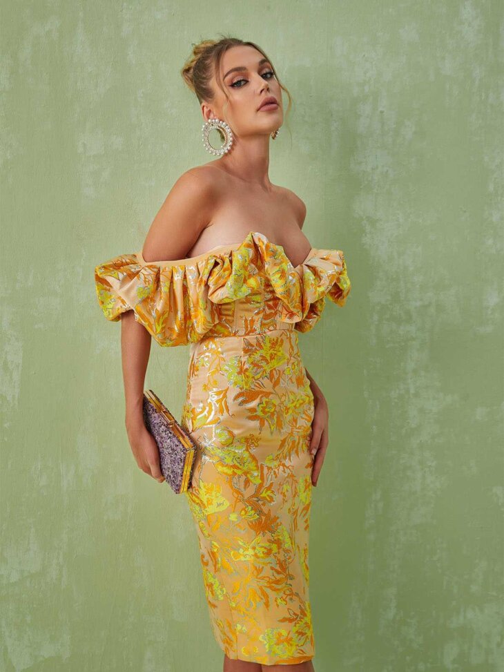 Robe mi-longue en jacquard à épaules dénudées Kore – Image 2