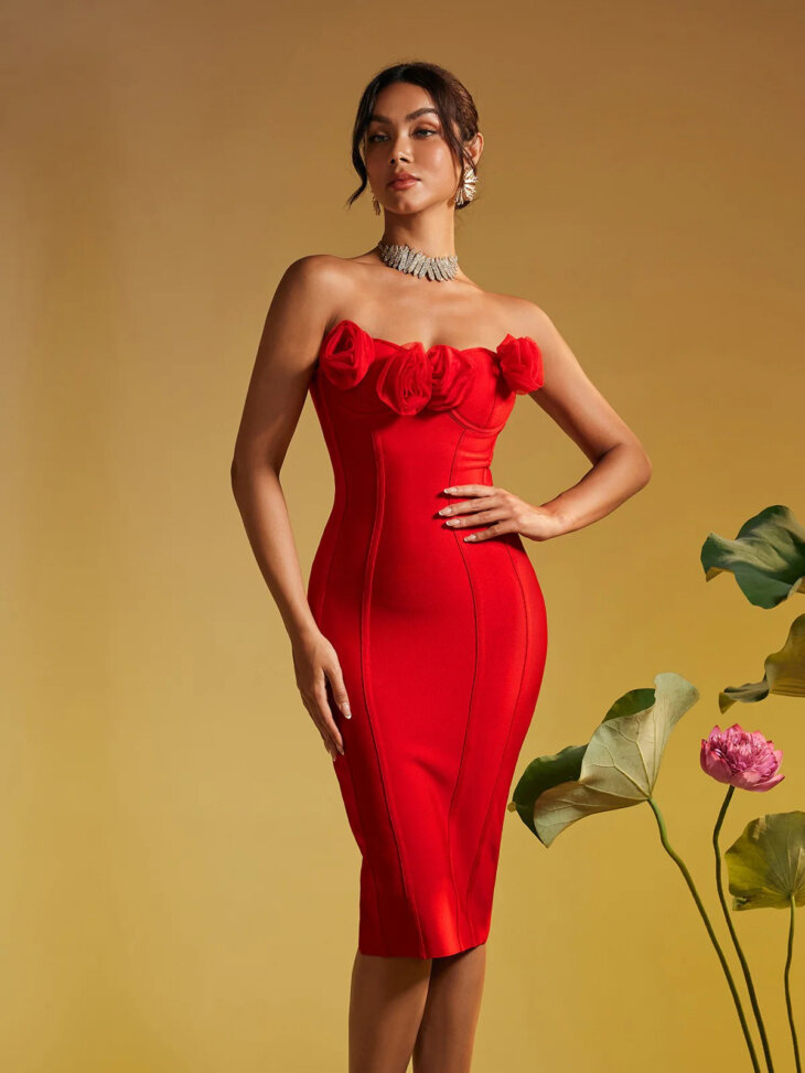 Robe mi-longue bandage fleurie sans bretelles Adlai – Image 5