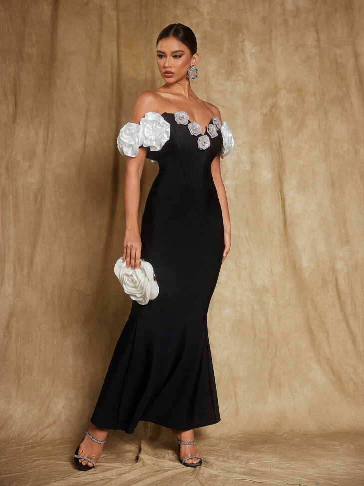 Evian - Robe longue bandage fleurie à épaules dénudées – Image 3