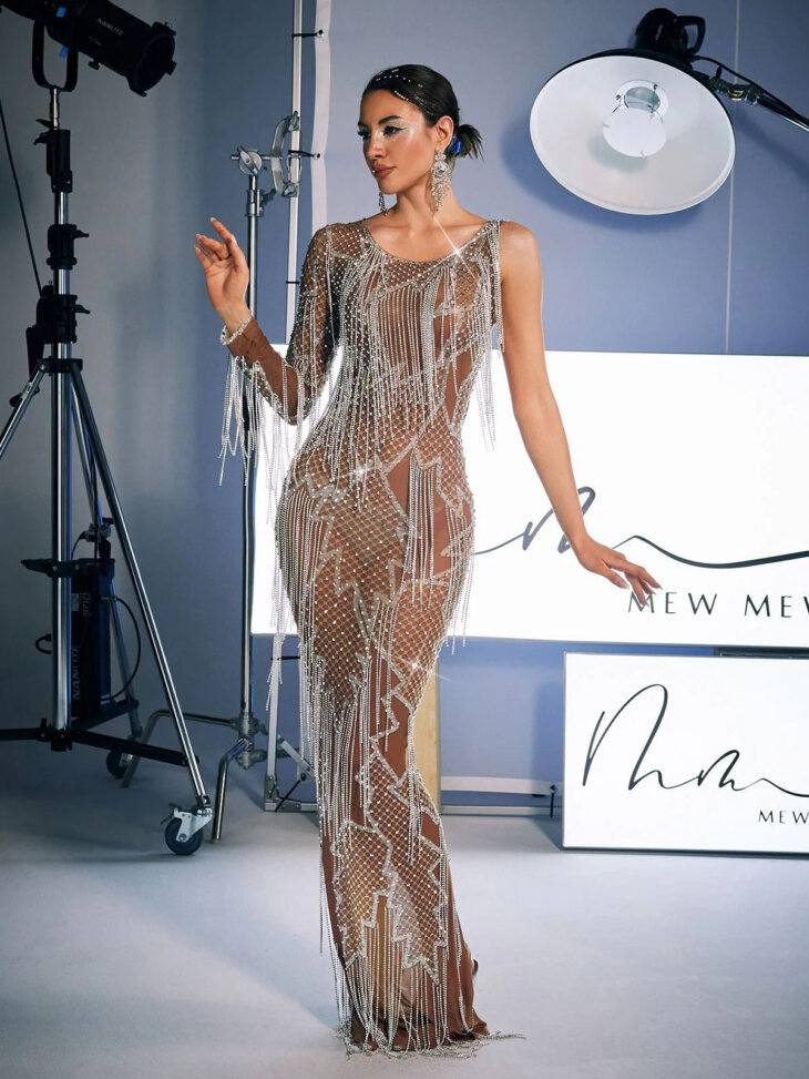 Robe longue imprimée à franges en strass Quentin – Image 2
