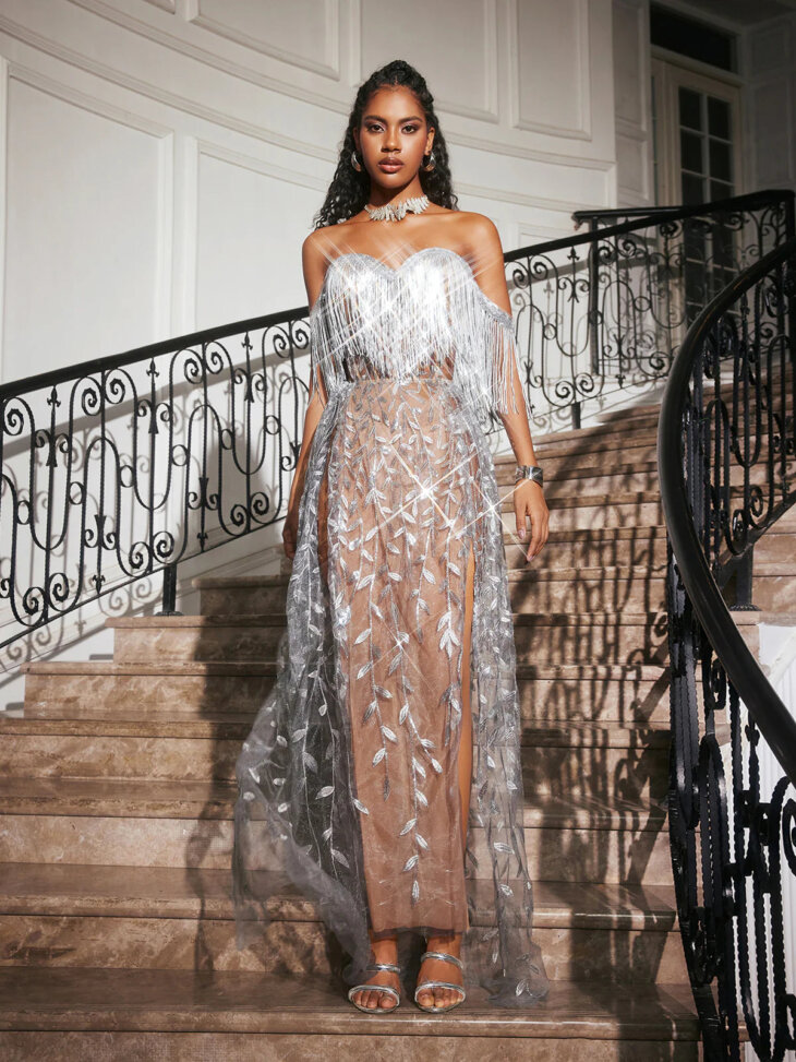 Codruta - Robe longue sans bretelles à franges et feuilles en argent – Image 4
