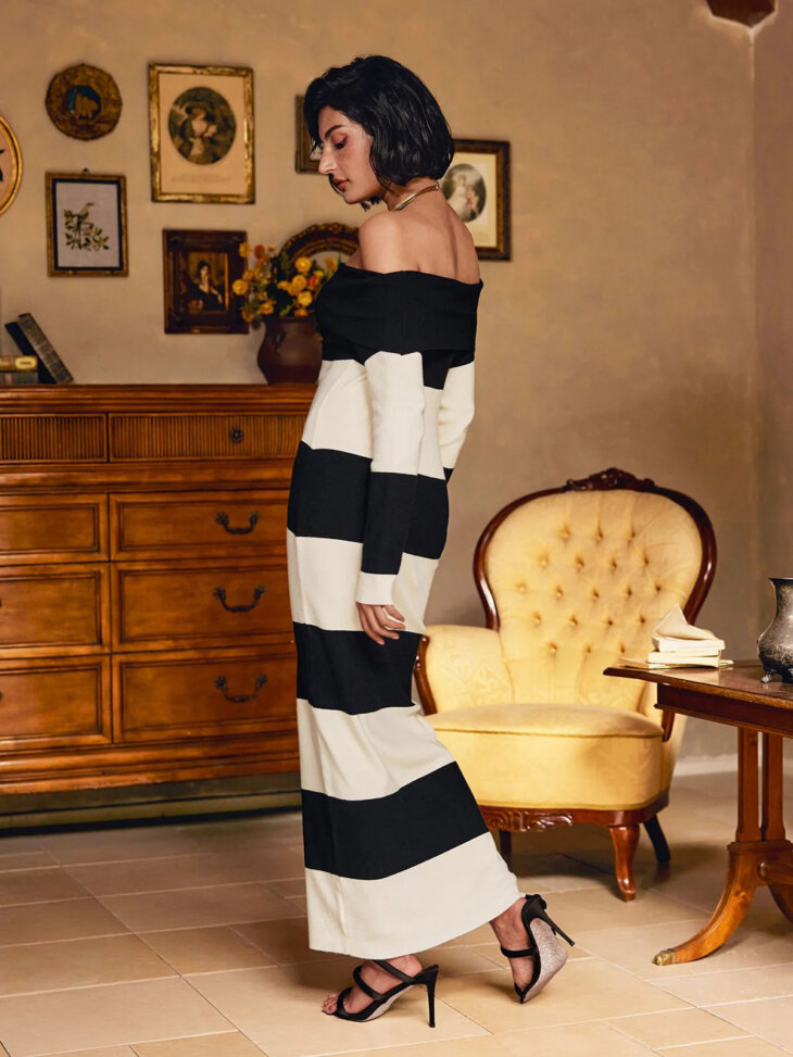 Jamaar - Robe longue rayée à épaules dénudées – Image 2